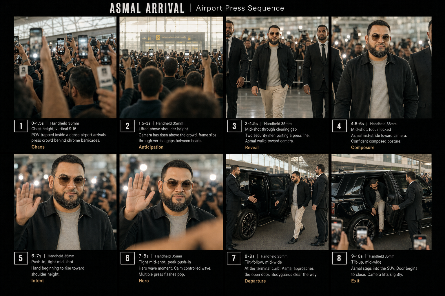 Asmal Arrival storyboard sheet generated by GPT Image 2 in Higgsfield: 8 panels showing the full airport arrival sequence